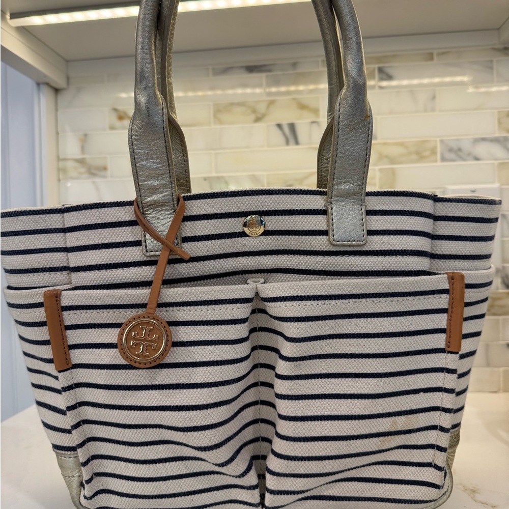 Striped Tory Burch Tote Bag with Gold Accents